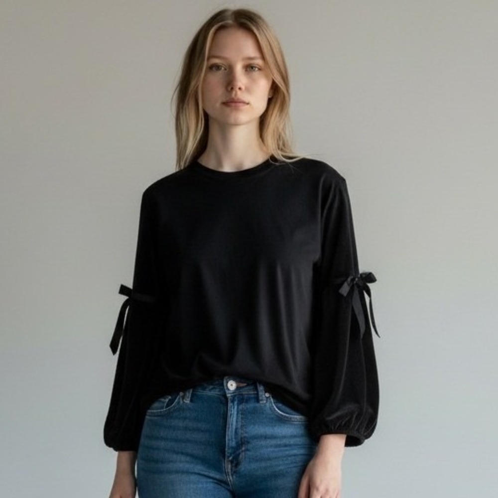 Karl Lagerfeld Paris Black Velvet Bow Sleeve Top XL L8WH9846